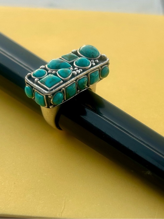 Native American Jewelry - WOW! Wide Rectangle Sterling Silver Turquoise Cluster Bar Ring Size 7.5 Vintage